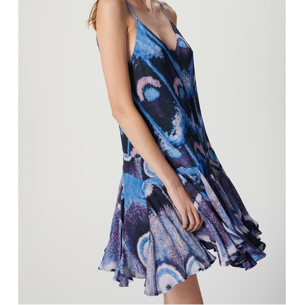 Chufy Iris Mini Dress Petal Skin Blue Butterfly Print Cupro XS Vegan Silk Boho - Picture 8 of 11